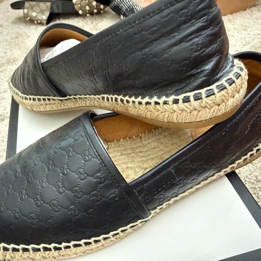 Gucci Black Embossed Leather Espadrilles